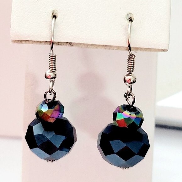 Hand Beaded Faceted Glass Drop Dangle Earrings Black Chinese Crystal Silver - Picture 3 of 7